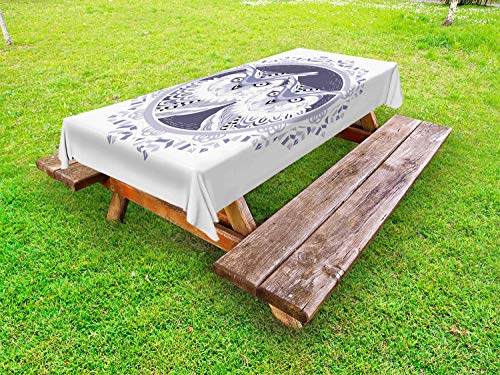 ABAKUHAUS Owl Stampa Tovaglia da Esterno, Vintage Night Birds Motif, Tovaglia da Picnic Lavabile Decorativa, 145 cm x 210 cm, Indigo Ceil Blu