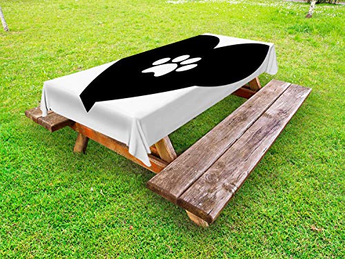 ABAKUHAUS Orma di Zampa Tovaglia da Esterno, Cuore Singola con Stain, Tovaglia da Picnic Lavabile Decorativa, 145 cm x 305 cm, Charcoal Grey And White
