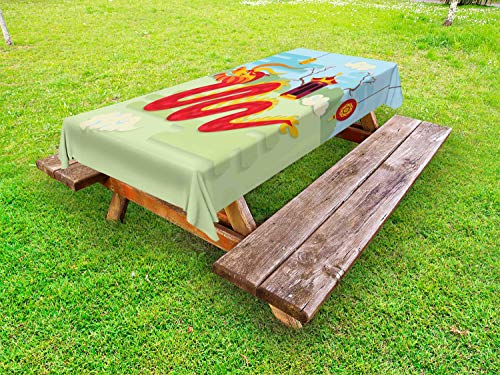 ABAKUHAUS Drago Tovaglia da Esterno, Padiglione Cinese, Tovaglia da Picnic Lavabile Decorativa, 145 cm x 265 cm, Multicolore