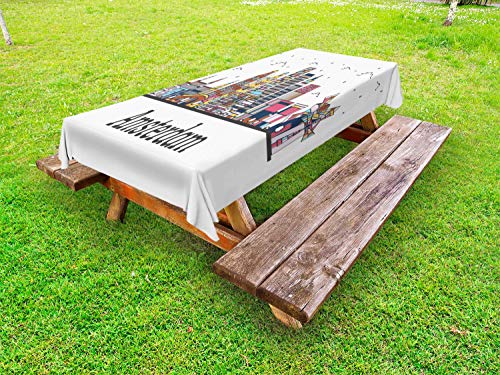 ABAKUHAUS Amsterdam Tovaglia da Esterno, Paesi Bassi Paesaggio Urbano, Tovaglia da Picnic Lavabile Decorativa, 145 cm x 210 cm, Bianco e Multicolore