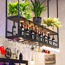 Organizzare Cucina Iron Art Portabottiglie da Appendere in Legno massello con Luce ， Porta calici Industriale a 2 Livelli Sh Mensola Decorativa a soffitto per ristoranti Cucine/l Cantine C
