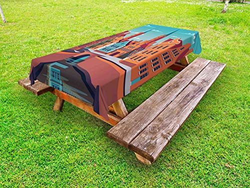 ABAKUHAUS Amsterdam Tovaglia da Esterno, Small Town Vintage Case, Tovaglia da Picnic Lavabile Decorativa, 145 cm x 210 cm, Terra di Siena bruciata Turchese