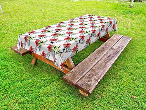 ABAKUHAUS Floreale Tovaglia da Esterno, Fioritura con Foglie Sketchy, Tovaglia da Picnic Lavabile Decorativa, 145 cm x 305 cm, Scuro Coral Multicolor