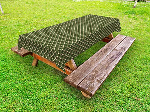 ABAKUHAUS Astratto Tovaglia da Esterno, Retro Ornamento Geometrico, Tovaglia da Picnic Lavabile Decorativa, 145 cm x 305 cm, Dark Green Cream
