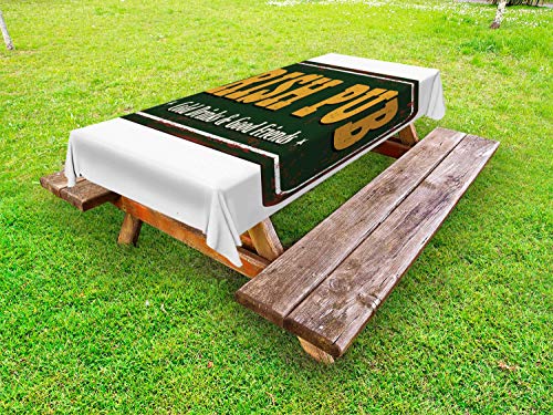 ABAKUHAUS Pub Irlandese Tovaglia da Esterno, Vintage Grunge Bar Sign, Tovaglia da Picnic Lavabile Decorativa, 145 cm x 305 cm, Verde Scuro Giallo