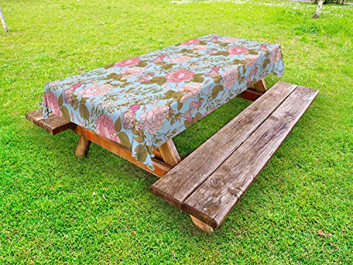 ABAKUHAUS Floreale Tovaglia da Esterno, Rosa Romantica Falene Garden, Tovaglia da Picnic Lavabile Decorativa, 145 cm x 305 cm, Rosa Pallido e Baby Blue