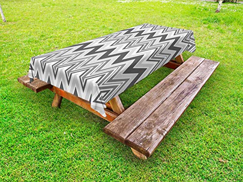 ABAKUHAUS Geometrico Tovaglia da Esterno, Scala di Grigi Zig Zag, Tovaglia da Picnic Lavabile Decorativa, 145 cm x 305 cm, Grigio e Bianco