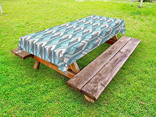 ABAKUHAUS Geometrico Tovaglia da Esterno, Esagoni Striped Design, Tovaglia da Picnic Lavabile Decorativa, 145 cm x 265 cm, Carbonella Gray e Seafoam