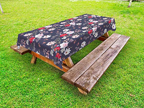 ABAKUHAUS Floreale Tovaglia da Esterno, Bouquet di Fiori Stile Vintage, Tovaglia da Picnic Lavabile Decorativa, 145 cm x 305 cm, Dark Indigo e Multicolore
