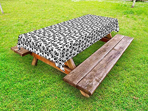 ABAKUHAUS Orma di Zampa Tovaglia da Esterno, Animal Feet Segno Modello, Tovaglia da Picnic Lavabile Decorativa, 145 cm x 305 cm, Bianco e Charcoal Grey