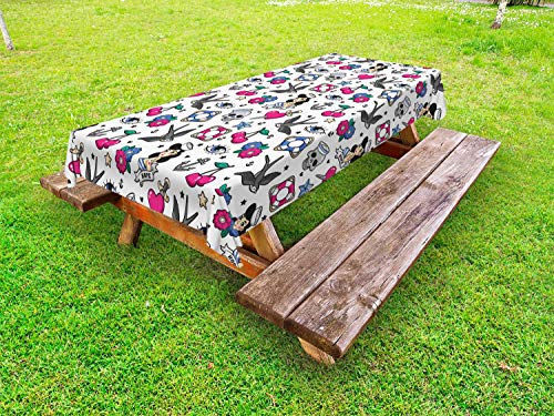ABAKUHAUS Colorato Tovaglia da Esterno, Oggetti Vari Cartoni Animati Come, Tovaglia da Picnic Lavabile Decorativa, 145 cm x 210 cm, Bianco e Multicolore