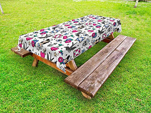 ABAKUHAUS Colorato Tovaglia da Esterno, Oggetti Vari Cartoni Animati Come, Tovaglia da Picnic Lavabile Decorativa, 145 cm x 210 cm, Bianco e Multicolore