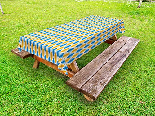ABAKUHAUS Astratto Tovaglia da Esterno, Grungy Ogee Retro Motivi, Tovaglia da Picnic Lavabile Decorativa, 145 cm x 305 cm, Azure Blu e Arancione