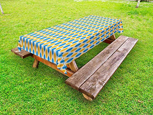 ABAKUHAUS Astratto Tovaglia da Esterno, Grungy Ogee Retro Motivi, Tovaglia da Picnic Lavabile Decorativa, 145 cm x 305 cm, Azure Blu e Arancione