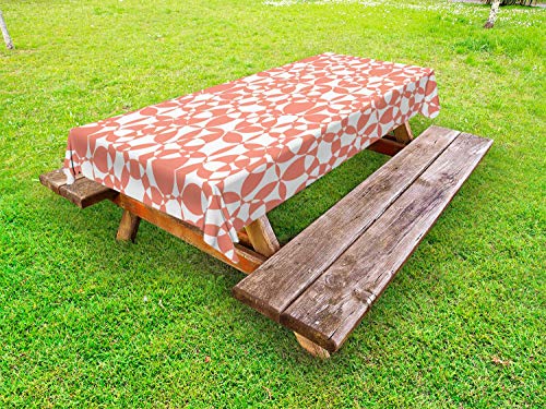 ABAKUHAUS Astratto Tovaglia da Esterno, Cerchi sovrapposti Peachy, Tovaglia da Picnic Lavabile Decorativa, 145 cm x 210 cm, Salmone e Bianco