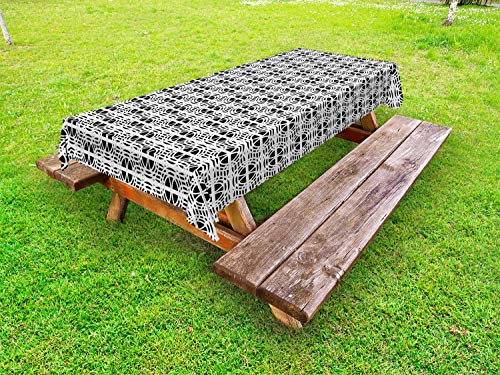 ABAKUHAUS Traliccio Tovaglia da Esterno, Stripy Quirky Rounds Art, Tovaglia da Picnic Lavabile Decorativa, 145 cm x 305 cm, Charcoal Grey And White
