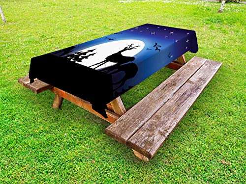 ABAKUHAUS Cervo Tovaglia da Esterno, Animale con Antlers con Gli Uccelli, Tovaglia da Picnic Lavabile Decorativa, 145 cm x 265 cm, Indigo Blu Charcoal Grey