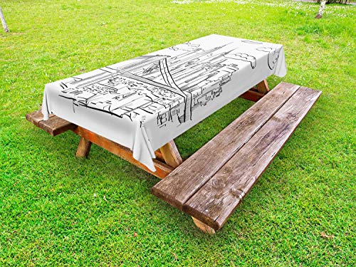 ABAKUHAUS Sketch Art Tovaglia da Esterno, Ponte di Brooklyn Città, Tovaglia da Picnic Lavabile Decorativa, 145 cm x 265 cm, Charcoal Grey And White