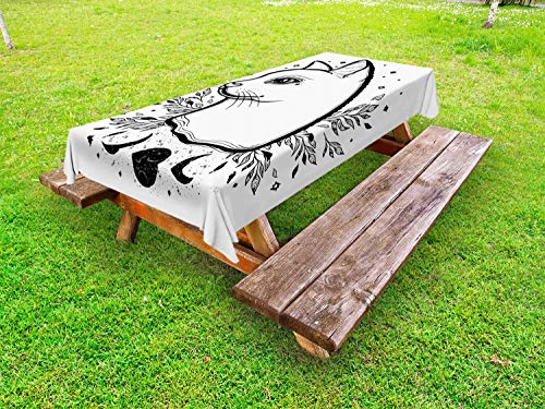 ABAKUHAUS Gattino Tovaglia da Esterno, Hand Drawn Boho Cat Motivi, Tovaglia da Picnic Lavabile Decorativa, 145 cm x 305 cm, Charcoal Grey Bianco