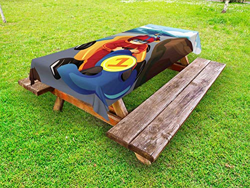 ABAKUHAUS Macchina da Corsa Tovaglia da Esterno, Ragazzi in Go Kart sulla Strada, Tovaglia da Picnic Lavabile Decorativa, 145 cm x 210 cm, Multicolore