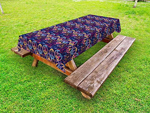 ABAKUHAUS Fricchettone Tovaglia da Esterno, Segno Love Music Retro Pace, Tovaglia da Picnic Lavabile Decorativa, 145 cm x 305 cm, Multicolore