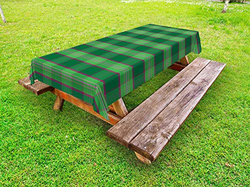 ABAKUHAUS Astratto Tovaglia da Esterno, Diagonale Tartan Inspired, Tovaglia da Picnic Lavabile Decorativa, 145 cm x 265 cm, Verde Scuro Magenta