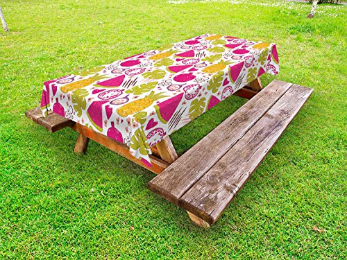 ABAKUHAUS Estate Tovaglia da Esterno, Scarabocchiato Frutta esotica Foglie, Tovaglia da Picnic Lavabile Decorativa, 145 cm x 265 cm, Rosa Verde