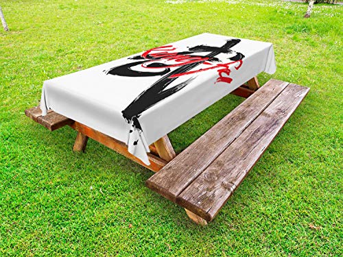 ABAKUHAUS Kung Fu Tovaglia da Esterno, Inchiostro Pennello logogramma Scritto, Tovaglia da Picnic Lavabile Decorativa, 145 cm x 305 cm, Carbonella Grey Vermilion