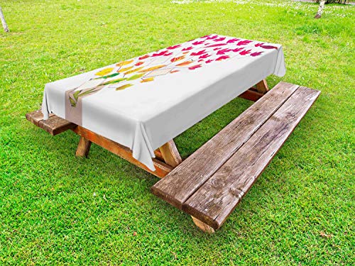 ABAKUHAUS Colore Naturale Tovaglia da Esterno, Vivo delle Foglie Lettere, Tovaglia da Picnic Lavabile Decorativa, 145 cm x 265 cm, Noce di Cocco e Multicolore
