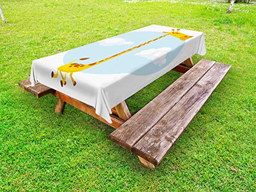 ABAKUHAUS Giraffa Tovaglia da Esterno, Africa punteggiata Collo di Animale, Tovaglia da Picnic Lavabile Decorativa, 145 cm x 305 cm, Bianco e Baby Blue