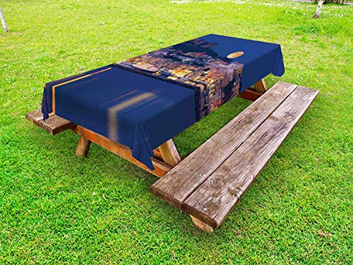 ABAKUHAUS Ocean Notte Tovaglia da Esterno, Luna Piena Costa del Mar, Tovaglia da Picnic Lavabile Decorativa, 145 cm x 305 cm, Night Blue Multicolor