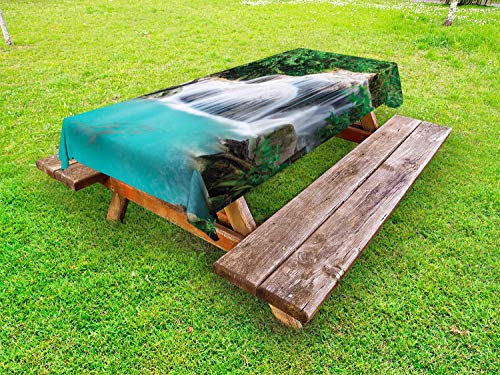 ABAKUHAUS Cascata Tovaglia da Esterno, Erawan Fountain Foto, Tovaglia da Picnic Lavabile Decorativa, 145 cm x 265 cm, Scuro Seafoam Fern Green