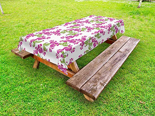 ABAKUHAUS Floreale Tovaglia da Esterno, Primavera Romanticismo Fiori Bloom, Tovaglia da Picnic Lavabile Decorativa, 145 cm x 265 cm, Scuro Magenta Verde Bianco