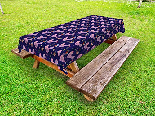 ABAKUHAUS Botanico Tovaglia da Esterno, Folk Uccelli e Fiori, Tovaglia da Picnic Lavabile Decorativa, 145 cm x 305 cm, Indaco e Multicolore