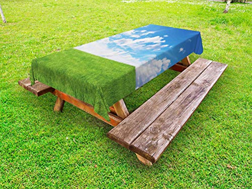 ABAKUHAUS Cielo Blu Tovaglia da Esterno, Verde Terra Clouds Scene, Tovaglia da Picnic Lavabile Decorativa, 145 cm x 265 cm, Lime Green e Blue Sea