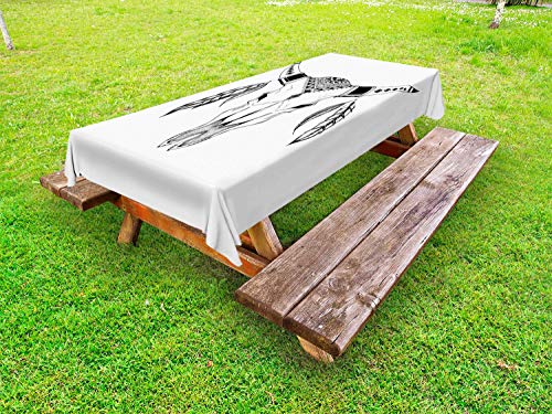 ABAKUHAUS Bufalo Tovaglia da Esterno, Monochrome Skull Art Bison, Tovaglia da Picnic Lavabile Decorativa, 145 cm x 265 cm, Charcoal Grey Bianco