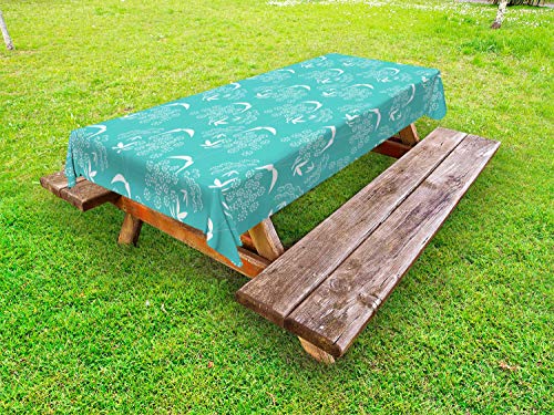 ABAKUHAUS Botanico Tovaglia da Esterno, Mazzi Blossoms Design, Tovaglia da Picnic Lavabile Decorativa, 145 cm x 265 cm, Turchese e Bianco