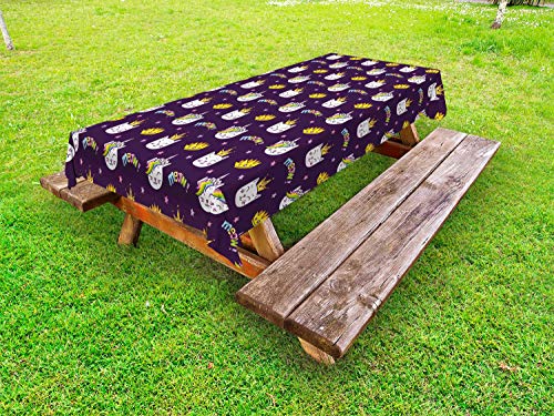 ABAKUHAUS Corona Tovaglia da Esterno, Gattino Arcobaleno Meow Caticorn, Tovaglia da Picnic Lavabile Decorativa, 145 cm x 265 cm, Dark Purple Multicolor