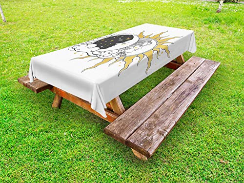 ABAKUHAUS Luna Raggi Tovaglia da Esterno, Donna del Ritratto in Sun, Tovaglia da Picnic Lavabile Decorativa, 145 cm x 265 cm, Senape Grey