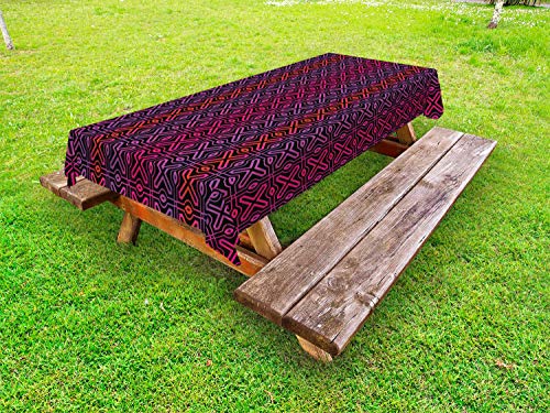 ABAKUHAUS Geometrico Tovaglia da Esterno, Psychedelic griglia Motif, Tovaglia da Picnic Lavabile Decorativa, 145 cm x 305 cm, Carbonella Gray e Multicolore