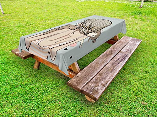 ABAKUHAUS Resta con Me Tovaglia da Esterno, Infanzia con Le Bambole, Tovaglia da Picnic Lavabile Decorativa, 145 cm x 305 cm, Blu Grigio Seppia