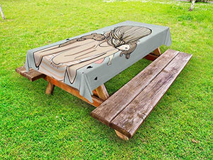ABAKUHAUS Resta con Me Tovaglia da Esterno, Infanzia con Le Bambole, Tovaglia da Picnic Lavabile Decorativa, 145 cm x 305 cm, Blu Grigio Seppia