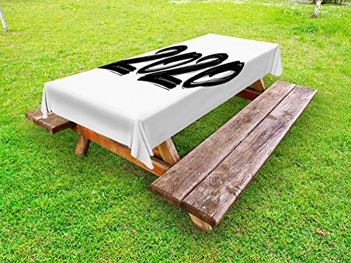 ABAKUHAUS Nuovo Anno Tovaglia da Esterno, Spazzola Scritto 2020 Design, Tovaglia da Picnic Lavabile Decorativa, 145 cm x 210 cm, Charcoal Grey Bianco