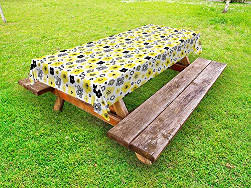 ABAKUHAUS Floreale Tovaglia da Esterno, Bicolore Fiori di Primavera, Tovaglia da Picnic Lavabile Decorativa, 145 cm x 305 cm, Giallo Indigo