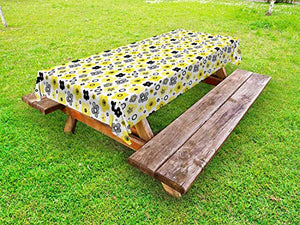 ABAKUHAUS Floreale Tovaglia da Esterno, Bicolore Fiori di Primavera, Tovaglia da Picnic Lavabile Decorativa, 145 cm x 305 cm, Giallo Indigo