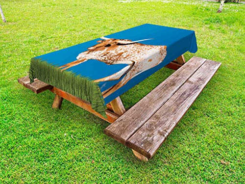 ABAKUHAUS Longhorn Tovaglia da Esterno, Mucca Femminile e Open Sky, Tovaglia da Picnic Lavabile Decorativa, 145 cm x 265 cm, Blue Sea Fern Green