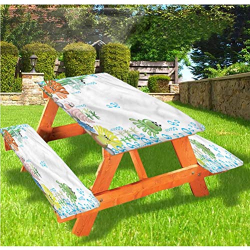 LEWIS FRANKLIN Tenda da doccia con meduse, tovaglia da picnic e panchina, per bambini con bordo elastico, 60 x 170 cm, set da 3 pezzi per tavolo pieghevole