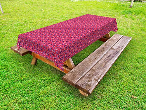 ABAKUHAUS Paisley Tovaglia da Esterno, Floral Art Folk Stripes, Tovaglia da Picnic Lavabile Decorativa, 145 cm x 305 cm, Hot Pink Vermilion