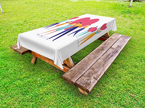 ABAKUHAUS Baciare Tovaglia da Esterno, La Gente della Holding Layout Cuore, Tovaglia da Picnic Lavabile Decorativa, 145 cm x 210 cm, Bianco e Multicolore