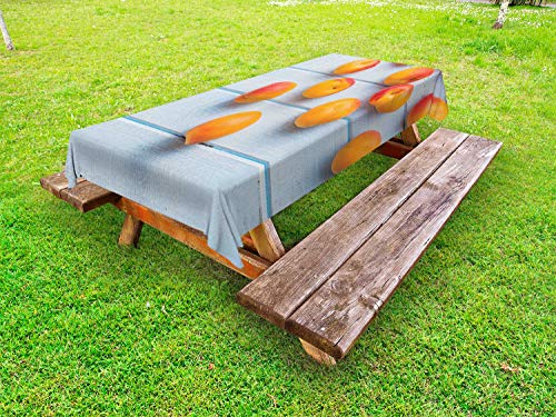ABAKUHAUS Frutta Tovaglia da Esterno, Albicocche su Tavolo in Legno Blu, Tovaglia da Picnic Lavabile Decorativa, 145 cm x 305 cm, Pale Blue e Albicocca